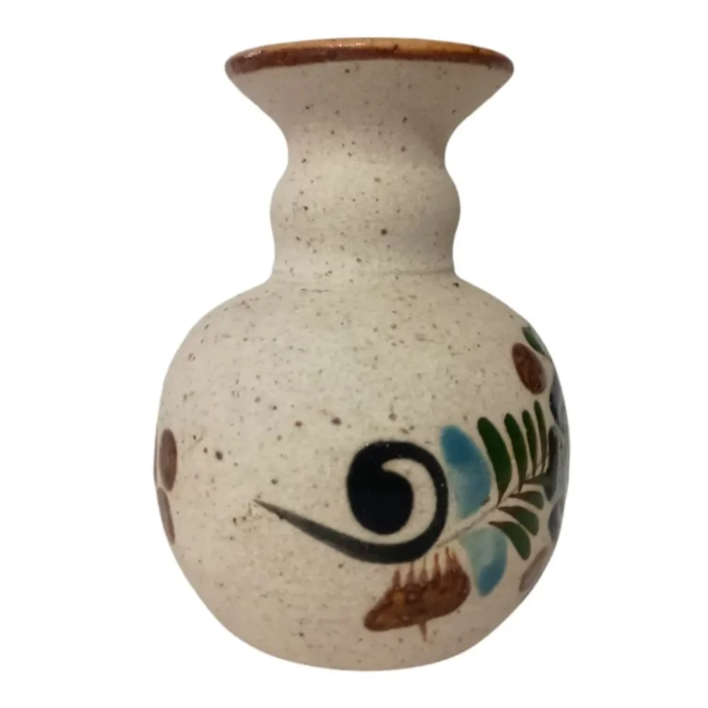 Tonala Pottery Bud Vase MINI Mexico Floral Sandstone Handpainted Signed Western.